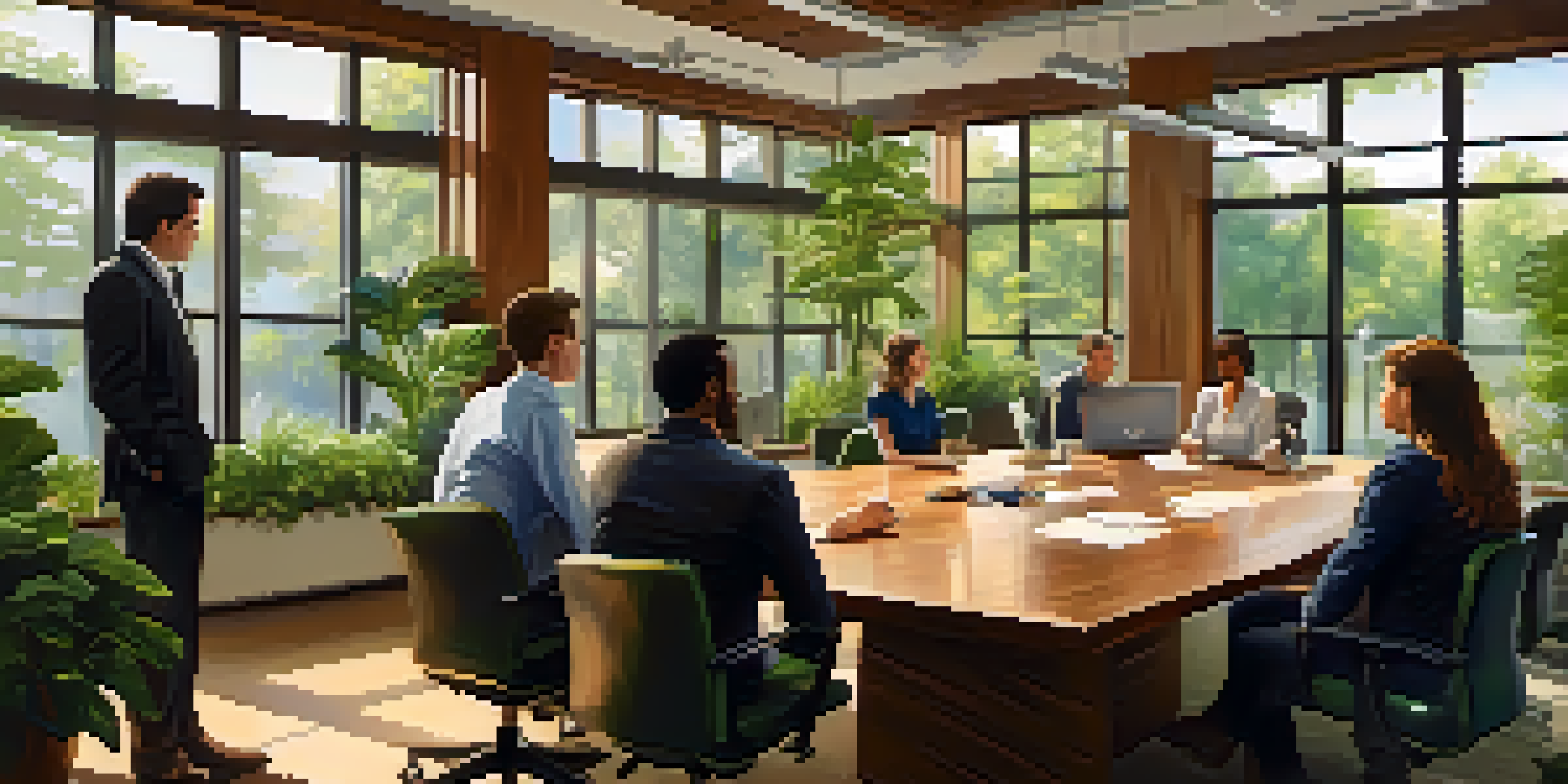 A diverse group of employees in a bright office discussing ethics, surrounded by motivational quotes and plants.