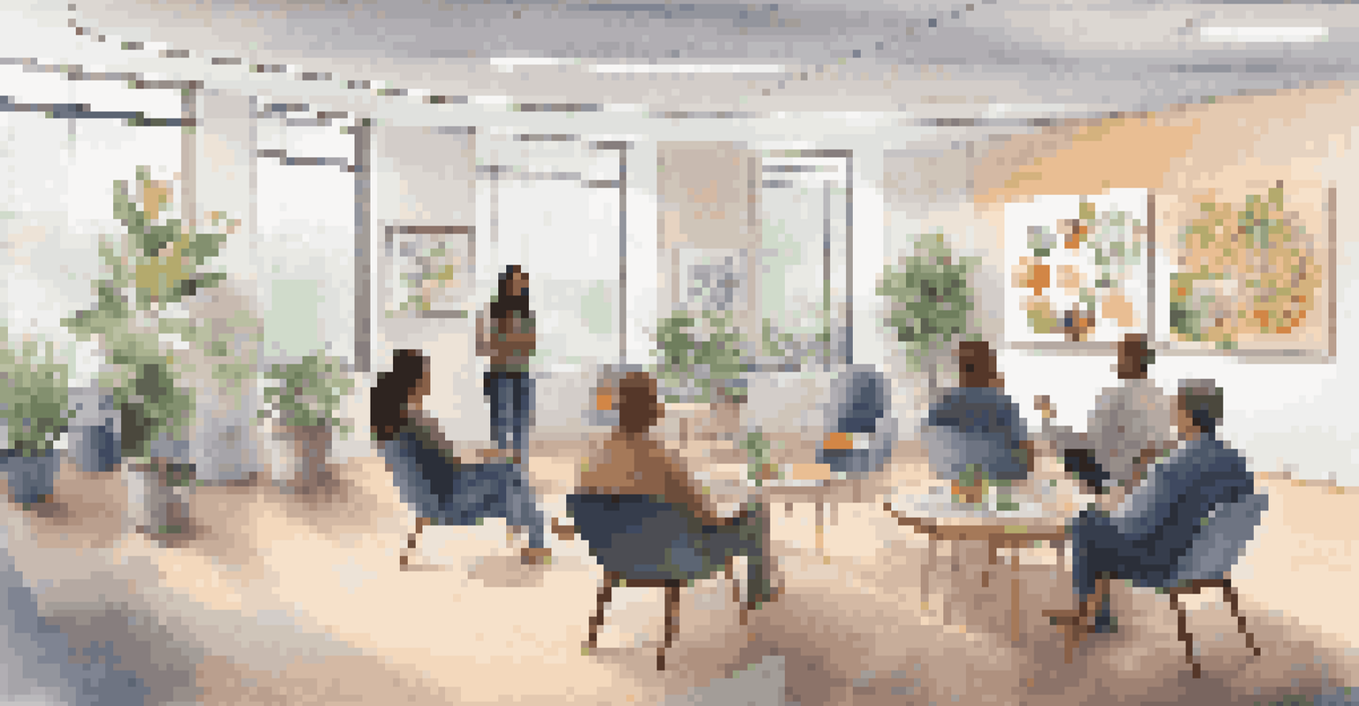 Employees participating in a wellness workshop in a cozy lounge area with healthy snacks and motivational posters.
