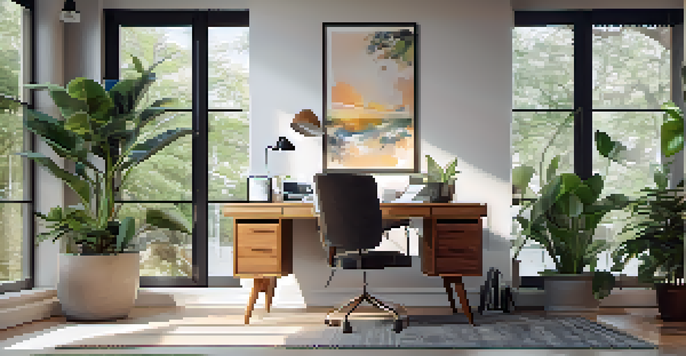 A modern home office with a desk, laptop, plants, and cozy lighting.