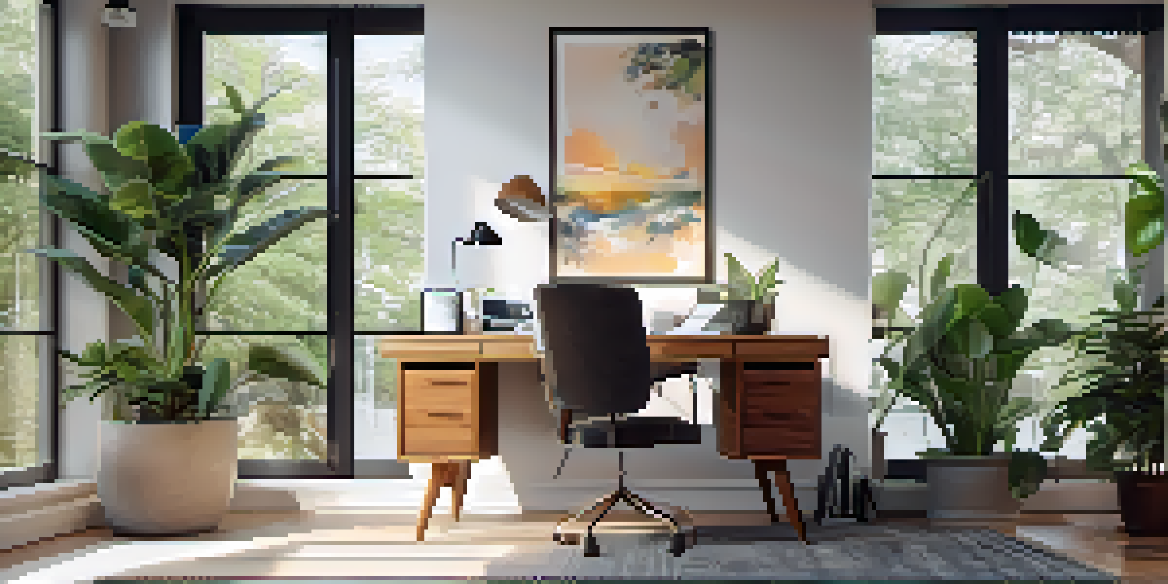 A modern home office with a desk, laptop, plants, and cozy lighting.