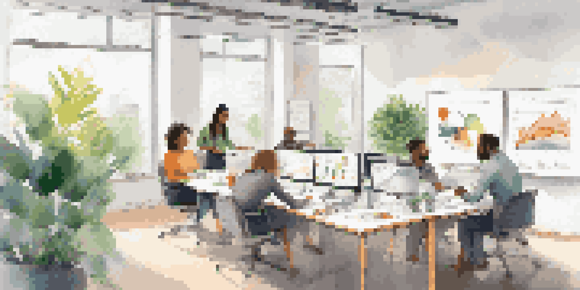 A diverse group of professionals brainstorming in a bright office, with colorful charts on whiteboards.