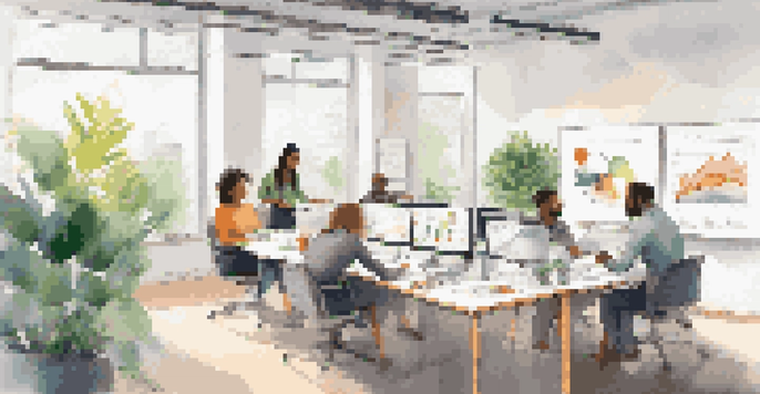 A diverse group of professionals brainstorming in a bright office, with colorful charts on whiteboards.