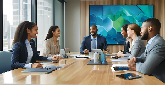 A diverse group of business professionals in a bright conference room, collaborating and discussing ideas with enthusiasm.
