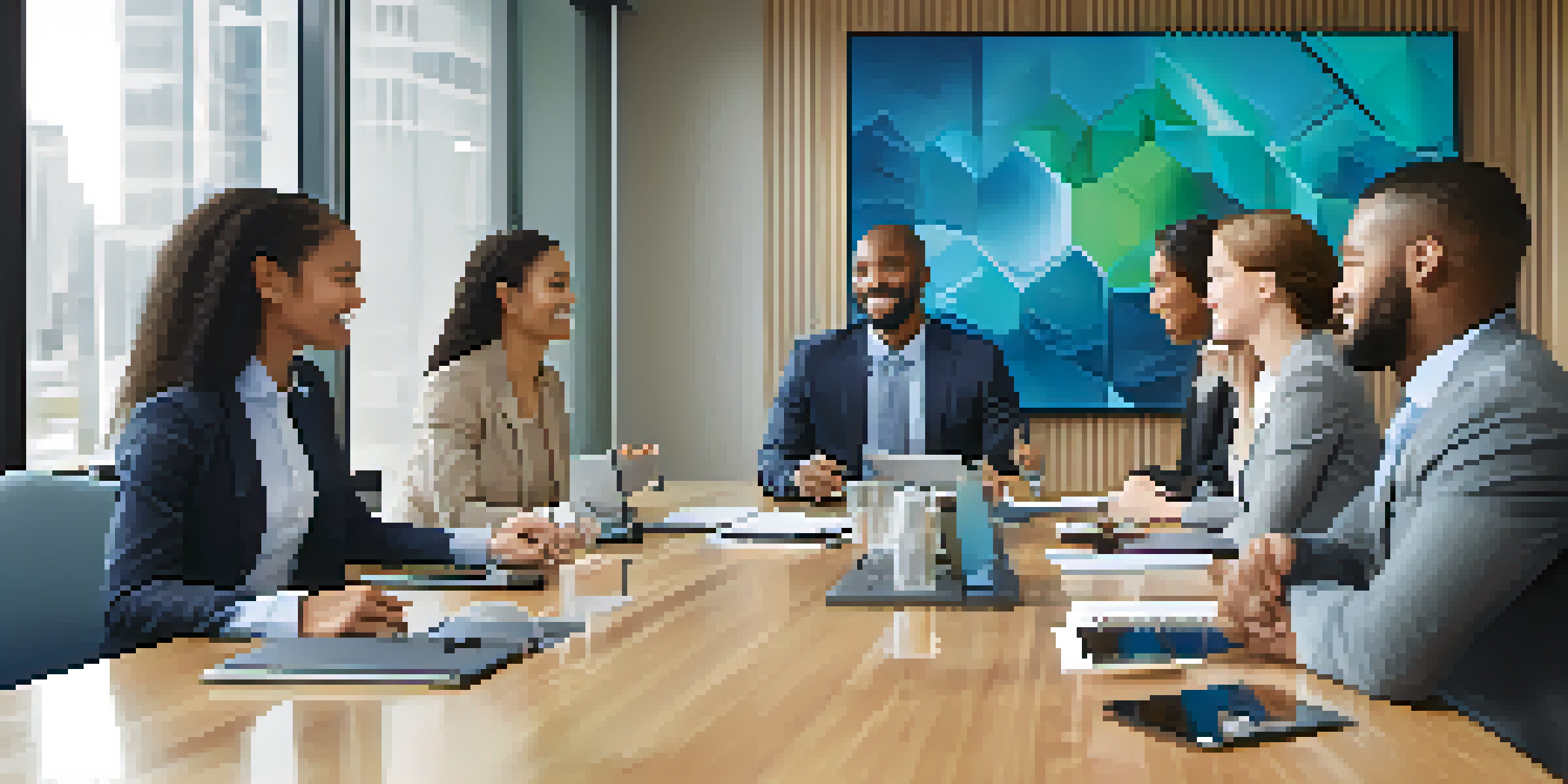 A diverse group of business professionals in a bright conference room, collaborating and discussing ideas with enthusiasm.
