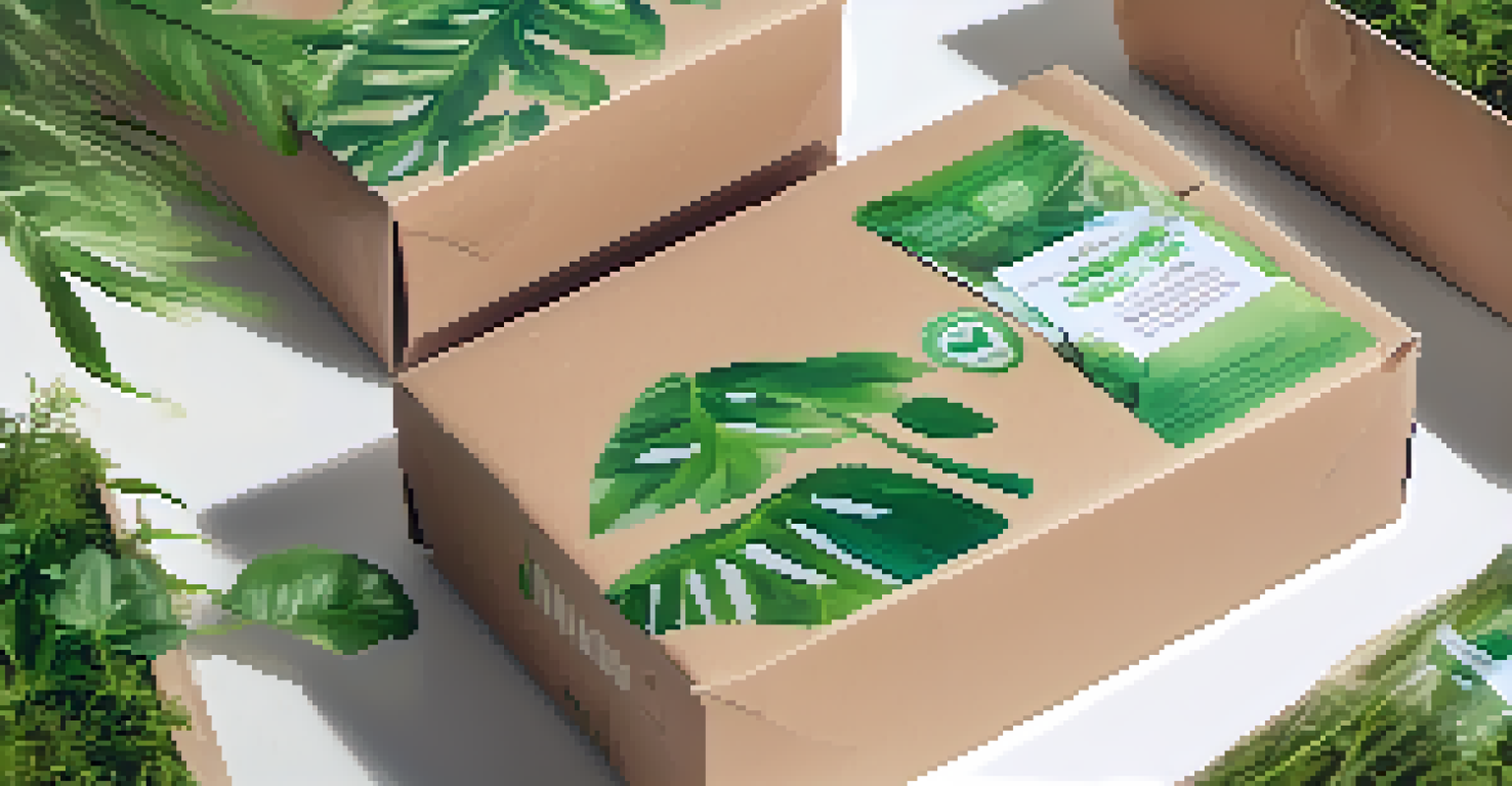 Biodegradable packaging materials surrounded by greenery, representing sustainable e-commerce practices.