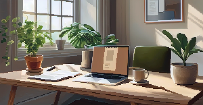 An office space with a wooden desk, an open laptop displaying a privacy policy, and a potted plant, illuminated by soft natural light.