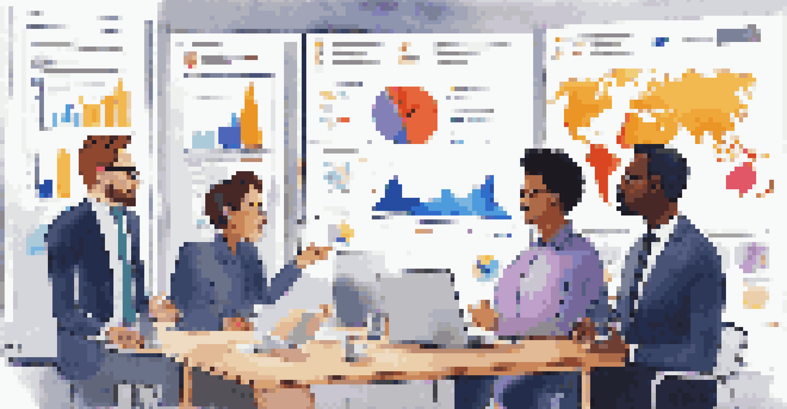 A diverse sales team in a meeting, discussing feedback with charts on a screen and colorful sticky notes on the table.