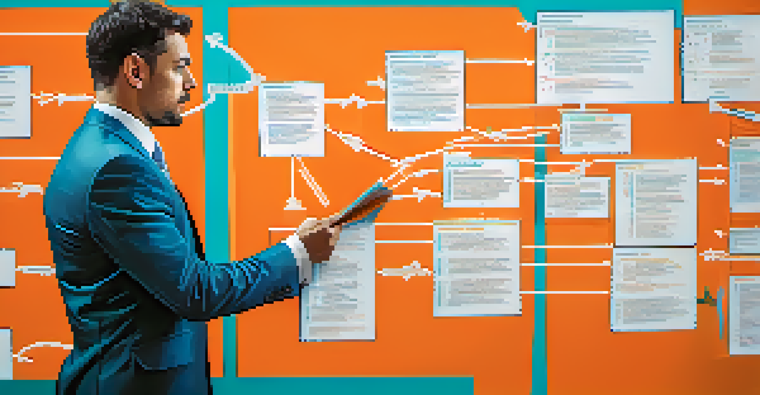 An abstract depiction of proactive risk management with a businessperson analyzing a flowchart of risks and solutions against a vibrant background.
