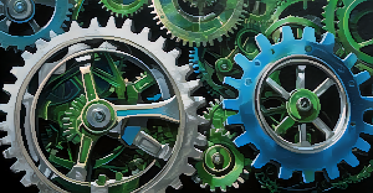 An artistic representation of gears symbolizing corporate governance, reflecting light in blues and greens against a dark background.