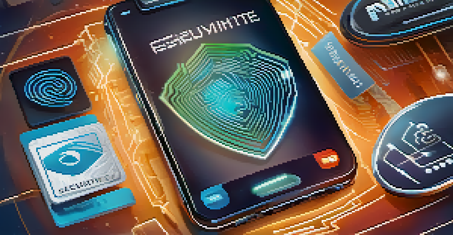 A smartphone with a fingerprint scan and security symbols representing mobile payment safety.