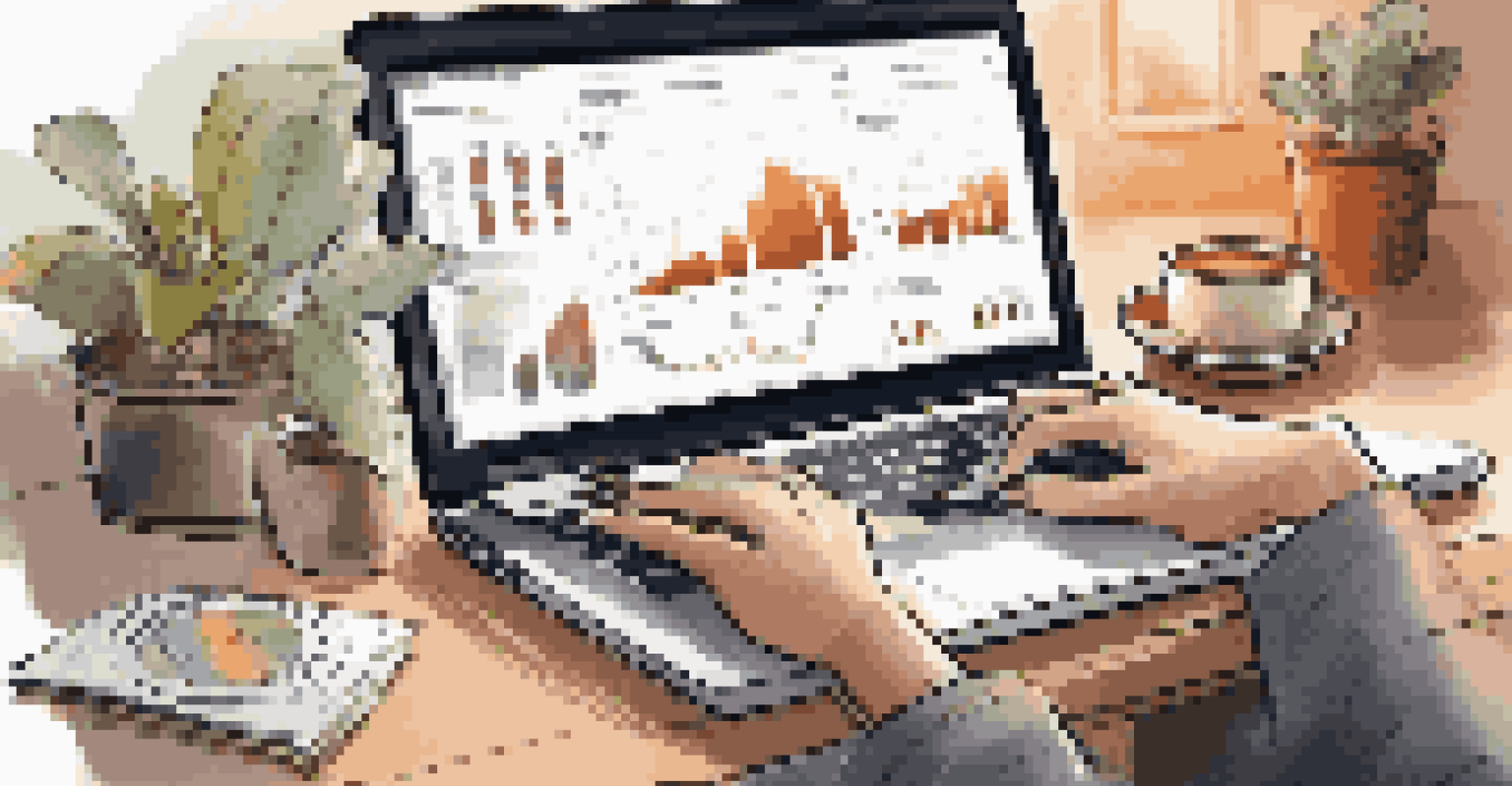 Close-up of hands typing on a laptop with graphs on the screen, a notepad and coffee cup nearby.