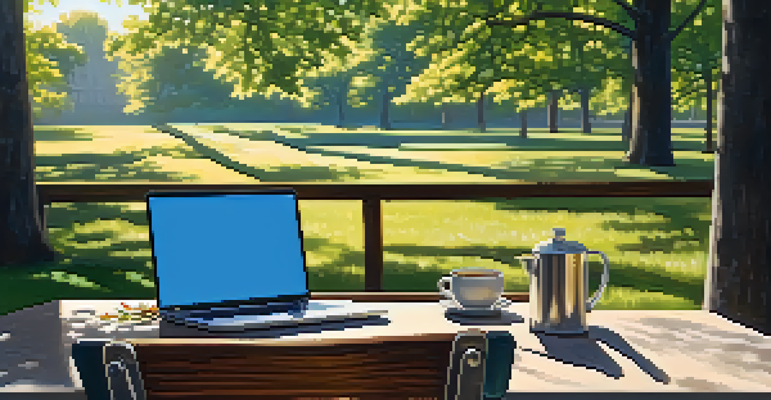 An outdoor workspace featuring a chair and table with a laptop, set in a park with trees and sunlight filtering through the leaves.