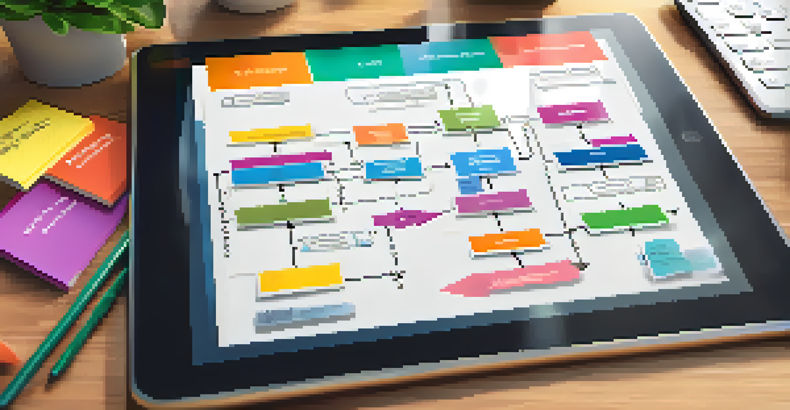 A digital tablet displaying a colorful cash flow statement in flowchart form, with arrows and icons, placed on a wooden desk with a plant in the background.