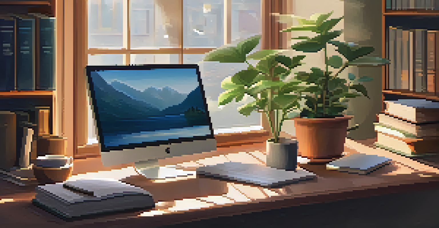 A cozy workspace with a laptop, coffee, and a plant, promoting a sense of calm and balance.