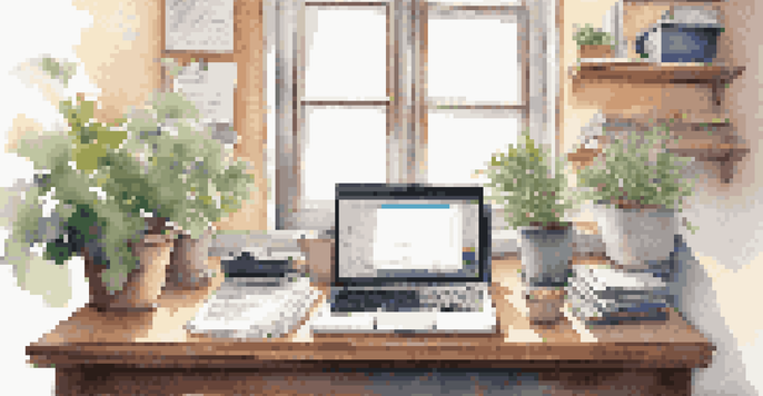 An organized workspace with a laptop, documents, sticky notes, and a plant, illuminated by natural light.