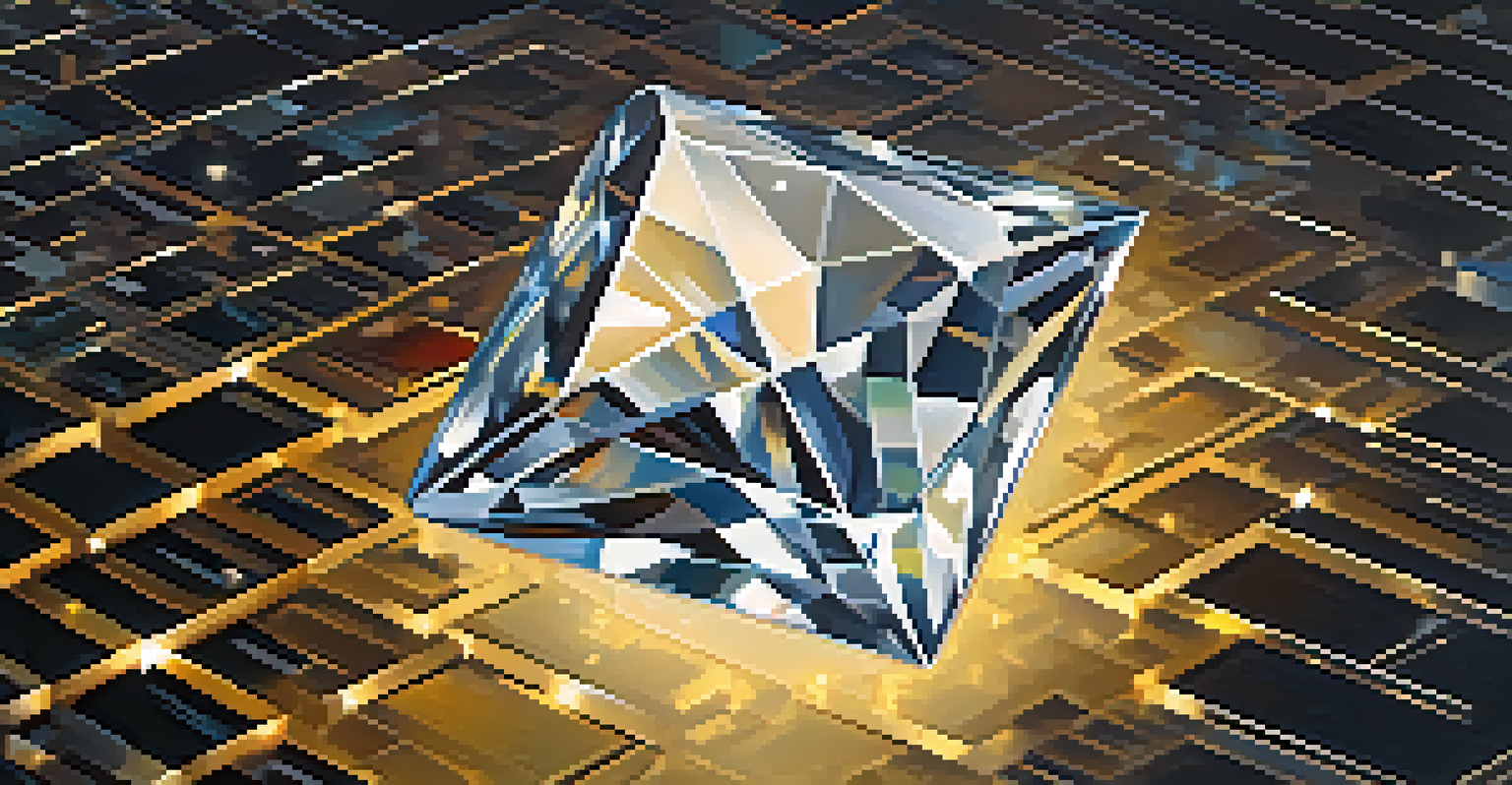 A close-up of a sparkling diamond with a digital overlay displaying its blockchain provenance details and a QR code.