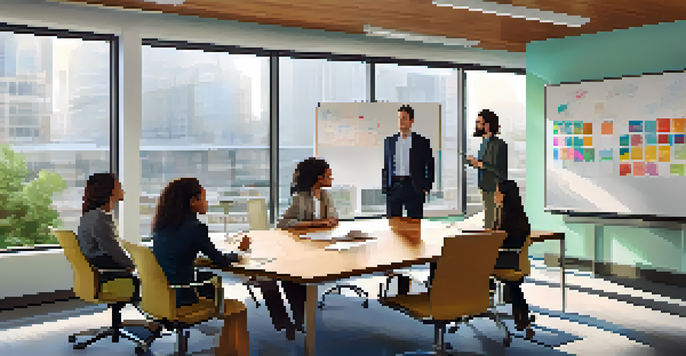 A diverse group of professionals in a bright office, collaborating and showing empathy.