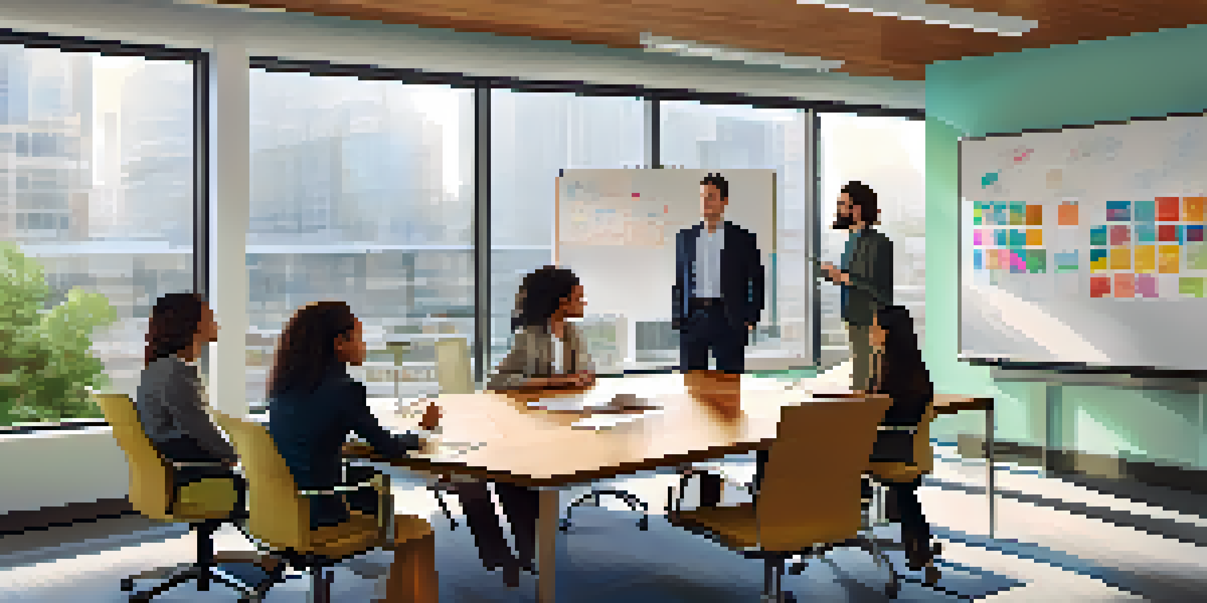 A diverse group of professionals in a bright office, collaborating and showing empathy.