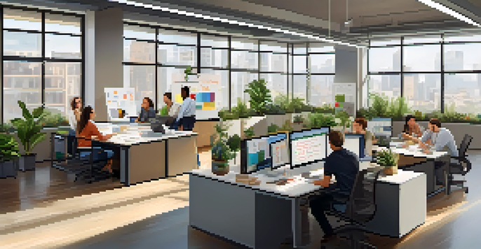 A vibrant office scene showing diverse employees working together in an open space, with plants and inspirational quotes in the background.