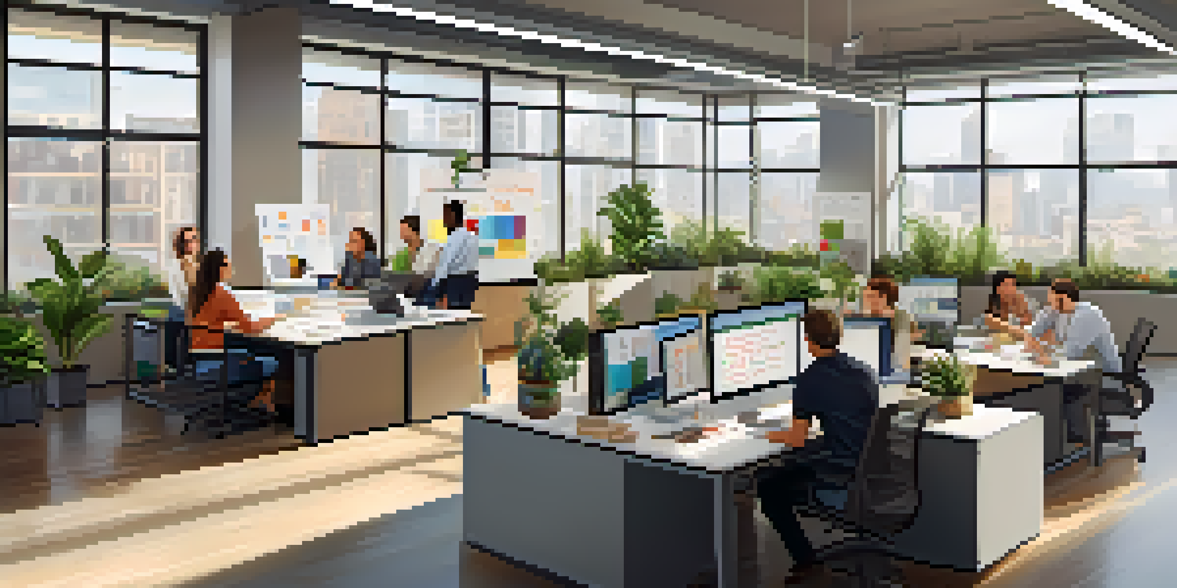 A vibrant office scene showing diverse employees working together in an open space, with plants and inspirational quotes in the background.