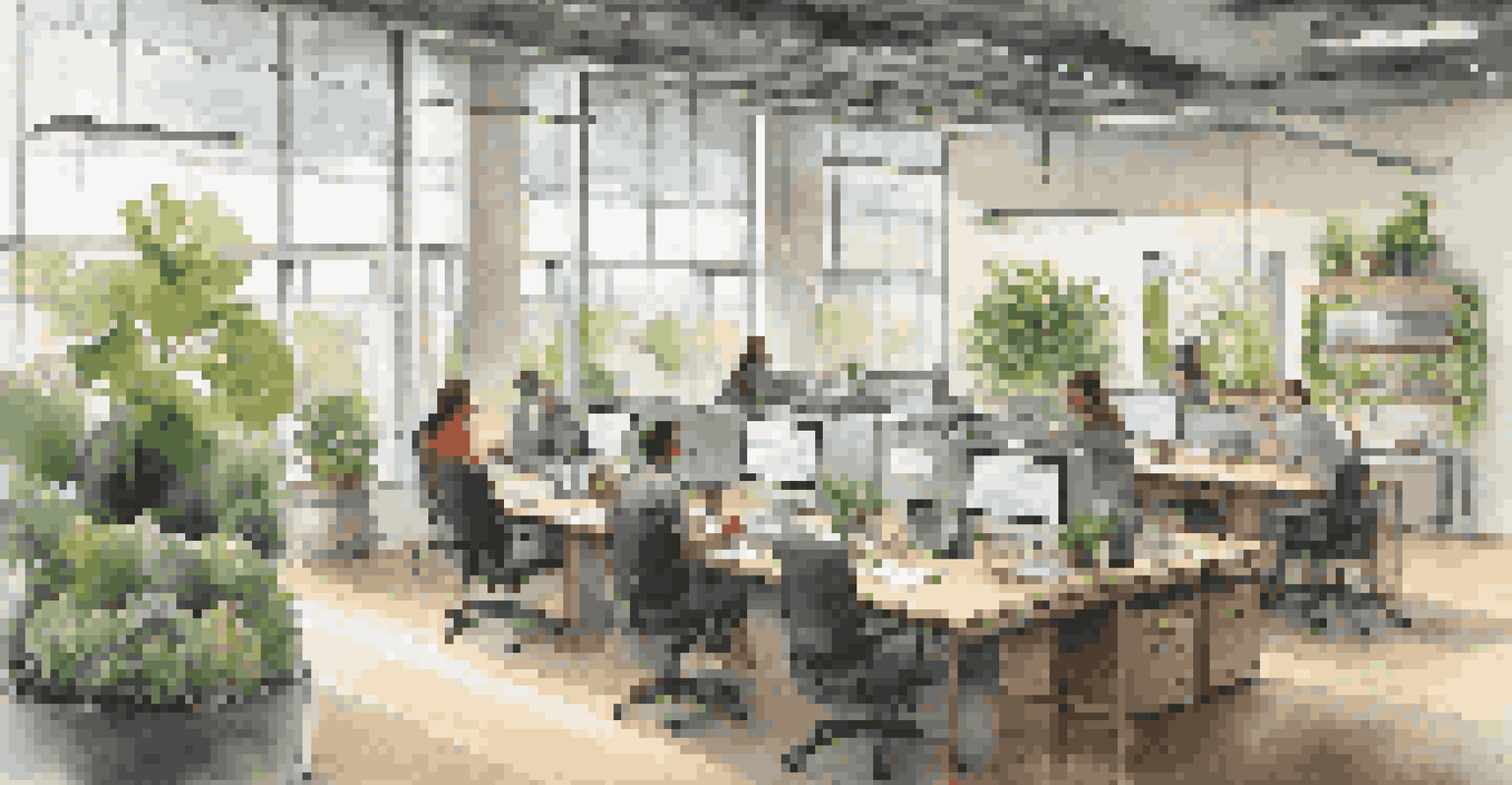 A bright modern office with large windows, indoor plants, and a diverse team of professionals collaborating at a table made from reclaimed materials.