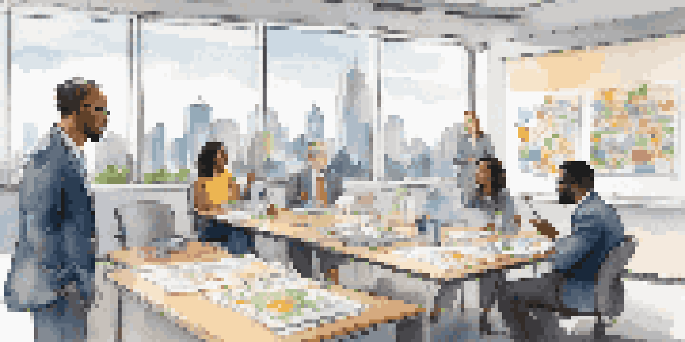 A diverse group of professionals in a bright office discussing ideas collaboratively, with a city skyline visible through large windows.