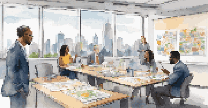 A diverse group of professionals in a bright office discussing ideas collaboratively, with a city skyline visible through large windows.