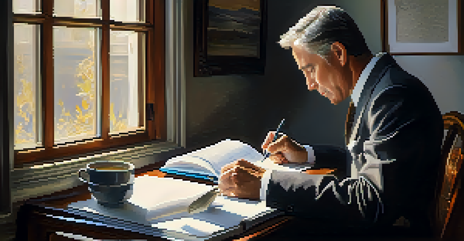 A close-up of a leader writing in a journal while reflecting on emotions, with a cup of coffee beside them and soft light illuminating the scene.