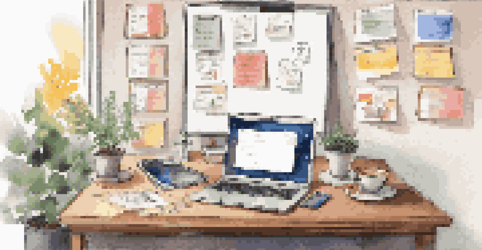 A workspace with a laptop, notepad, and coffee cup, alongside a whiteboard filled with colorful sticky notes and strategies.