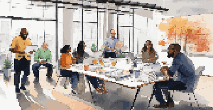 A diverse team of professionals collaborating around a table filled with sketches and laptops in a bright, modern meeting room.