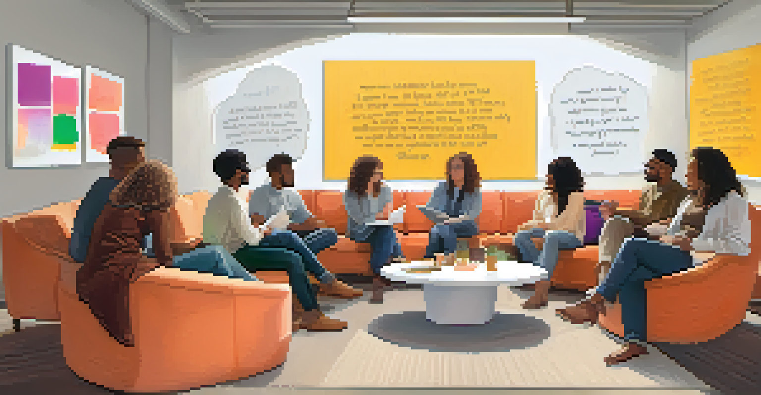A cozy lounge area where a diverse group of people is engaged in a brainstorming session, surrounded by inspirational decor.