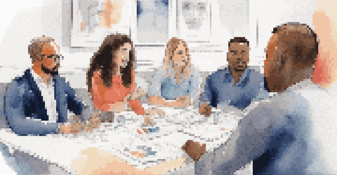 A close-up of a team leader listening to diverse team members sharing ideas in a modern meeting room.