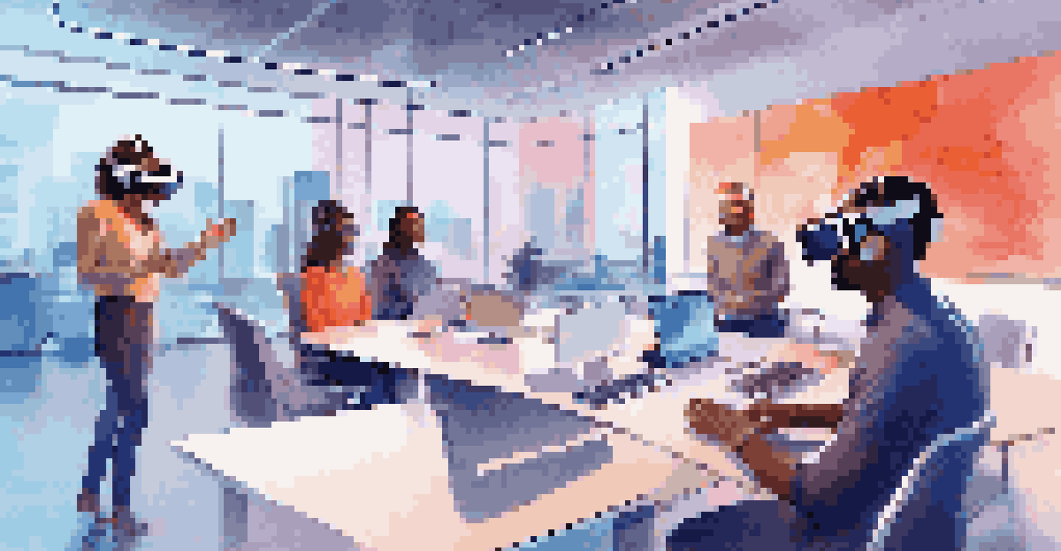 A diverse team in a virtual reality meeting, interacting with 3D models in a modern office.