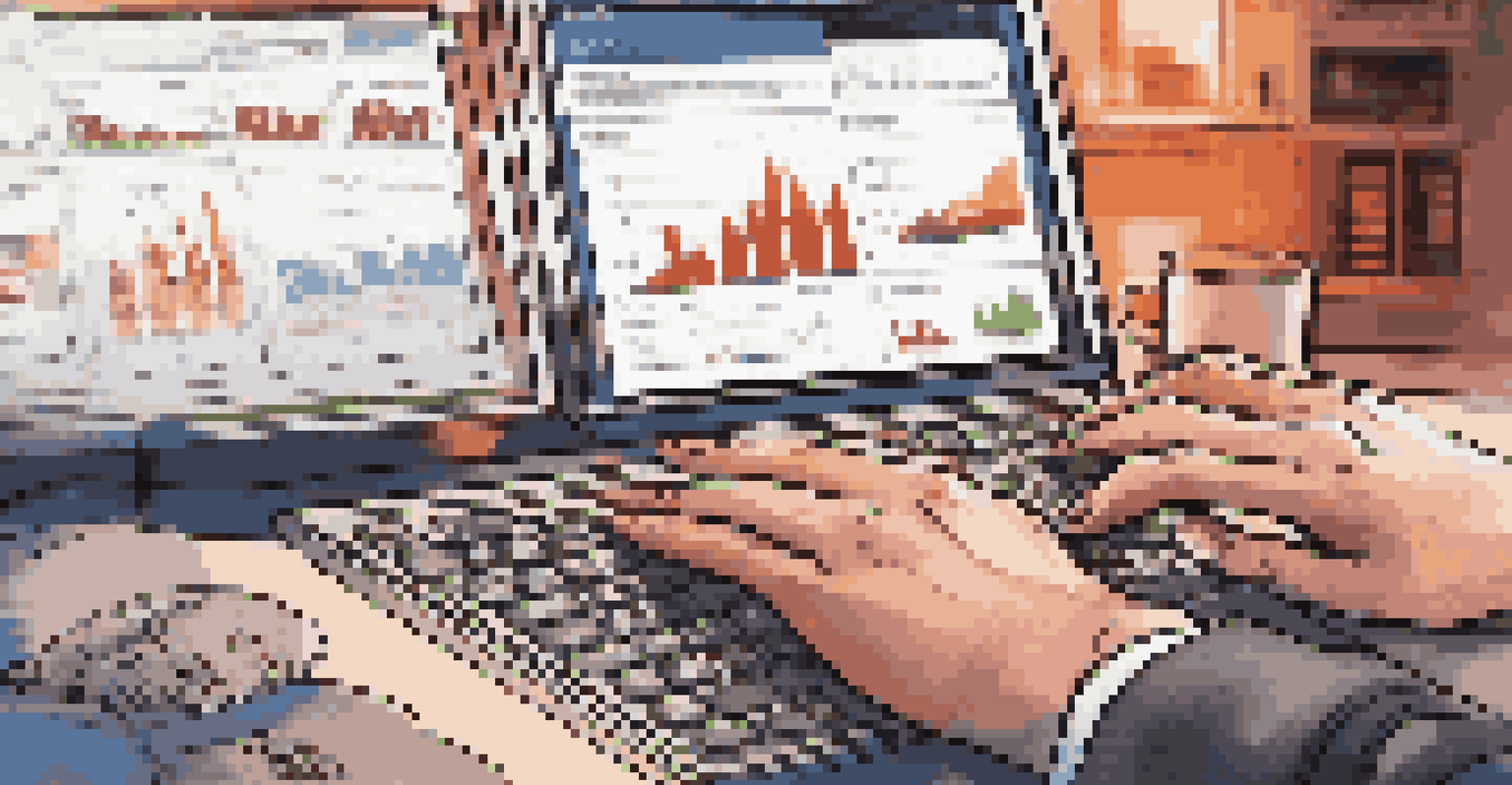 Close-up of a financial analyst's hands typing on a laptop, with screens showing graphs and market trends in the background.