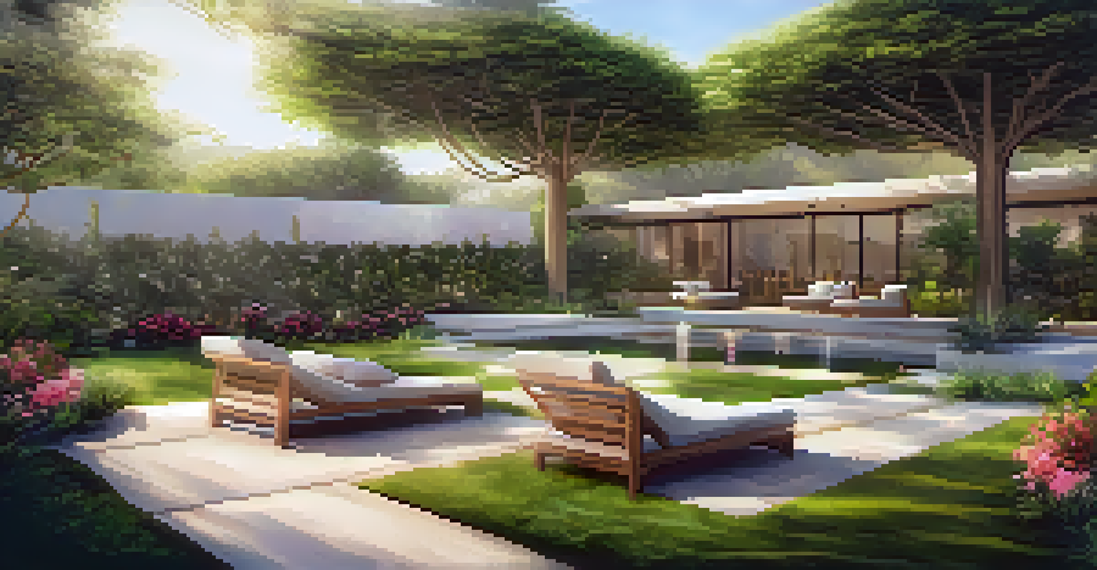 A peaceful garden with seating and a person practicing mindfulness on a yoga mat, emphasizing employee wellness.
