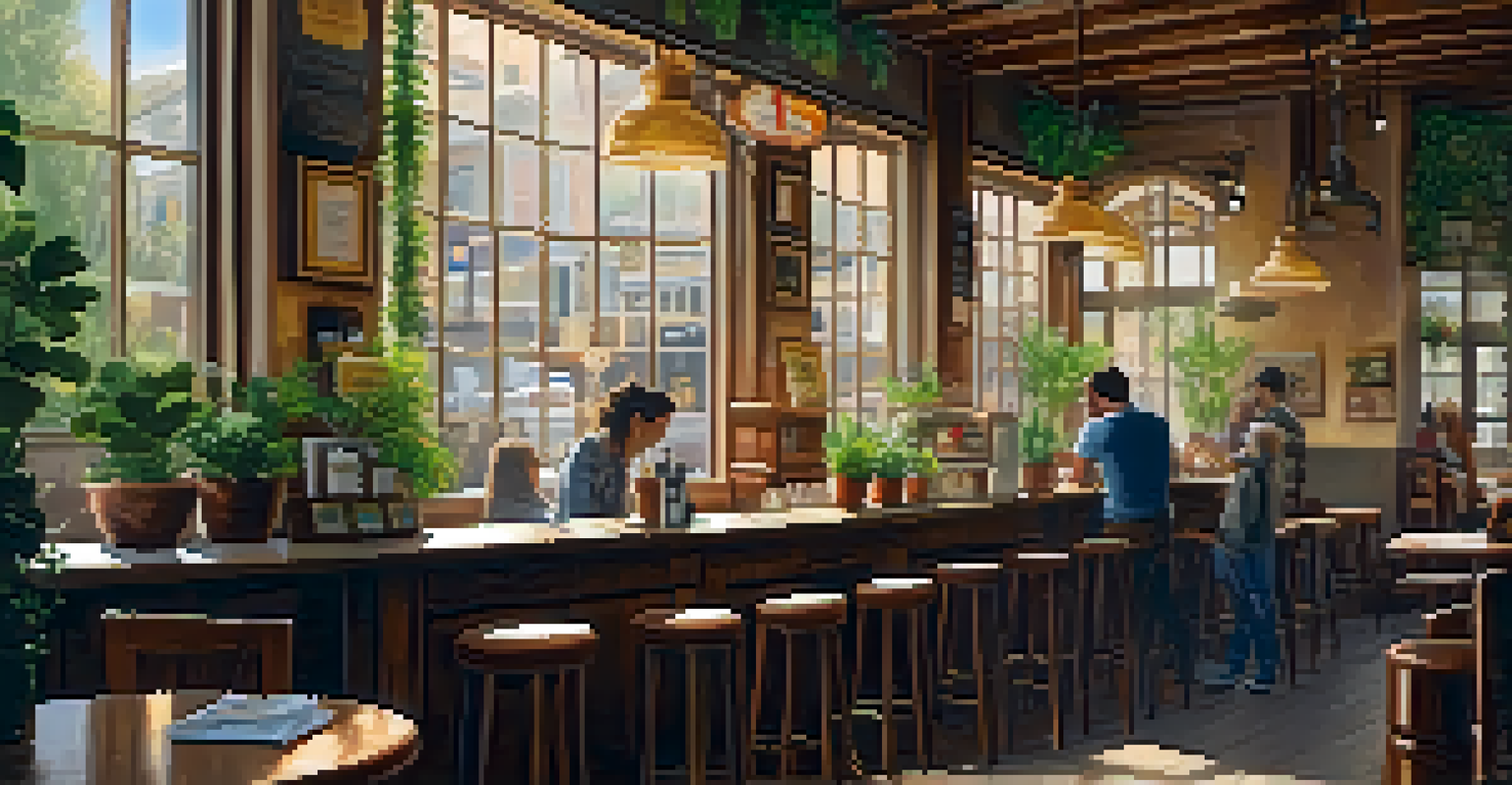 A barista serving coffee in a cozy café with rustic decor and patrons enjoying their drinks.