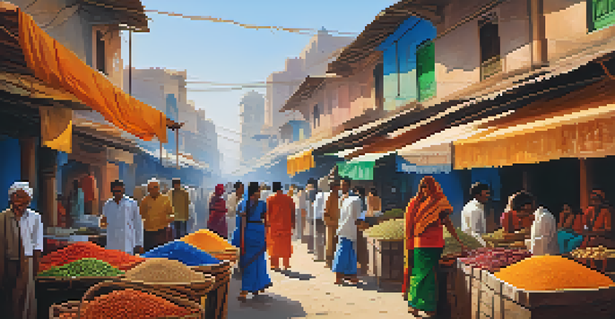 A lively Indian street market with colorful stalls of fruits and spices, traditional buildings, and people shopping.