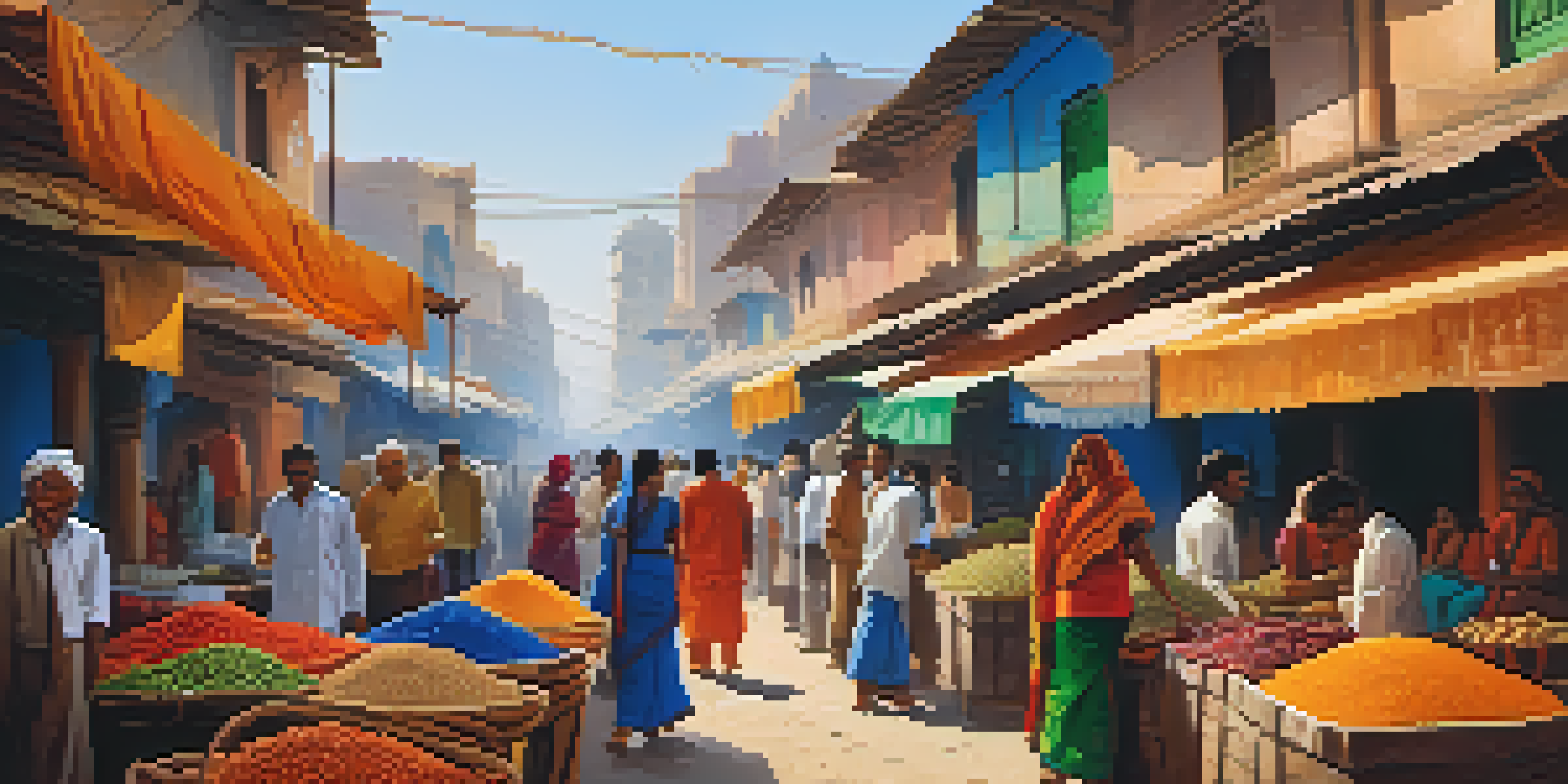 A lively Indian street market with colorful stalls of fruits and spices, traditional buildings, and people shopping.