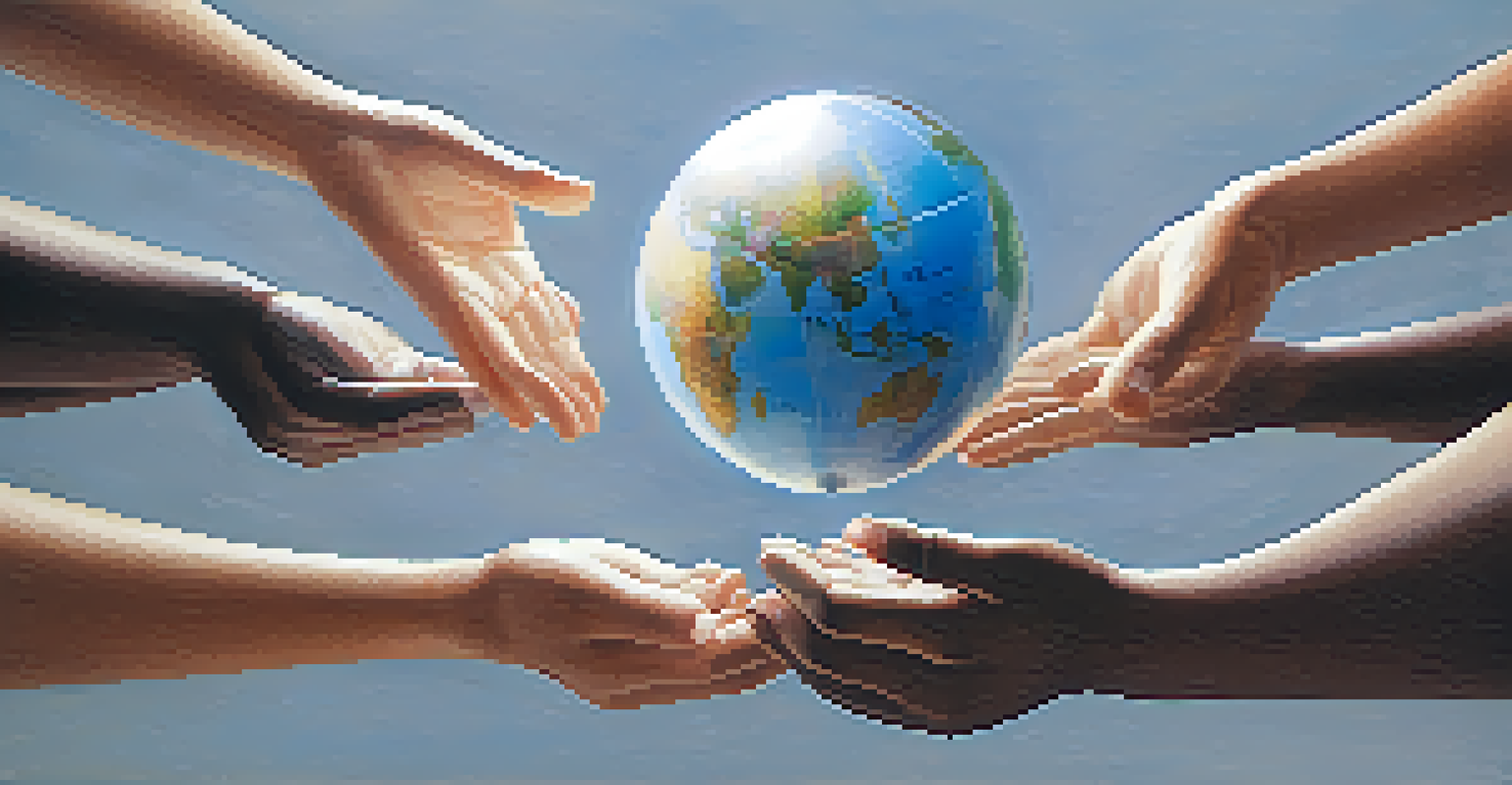 Diverse hands holding a globe together, representing global unity and social responsibility.