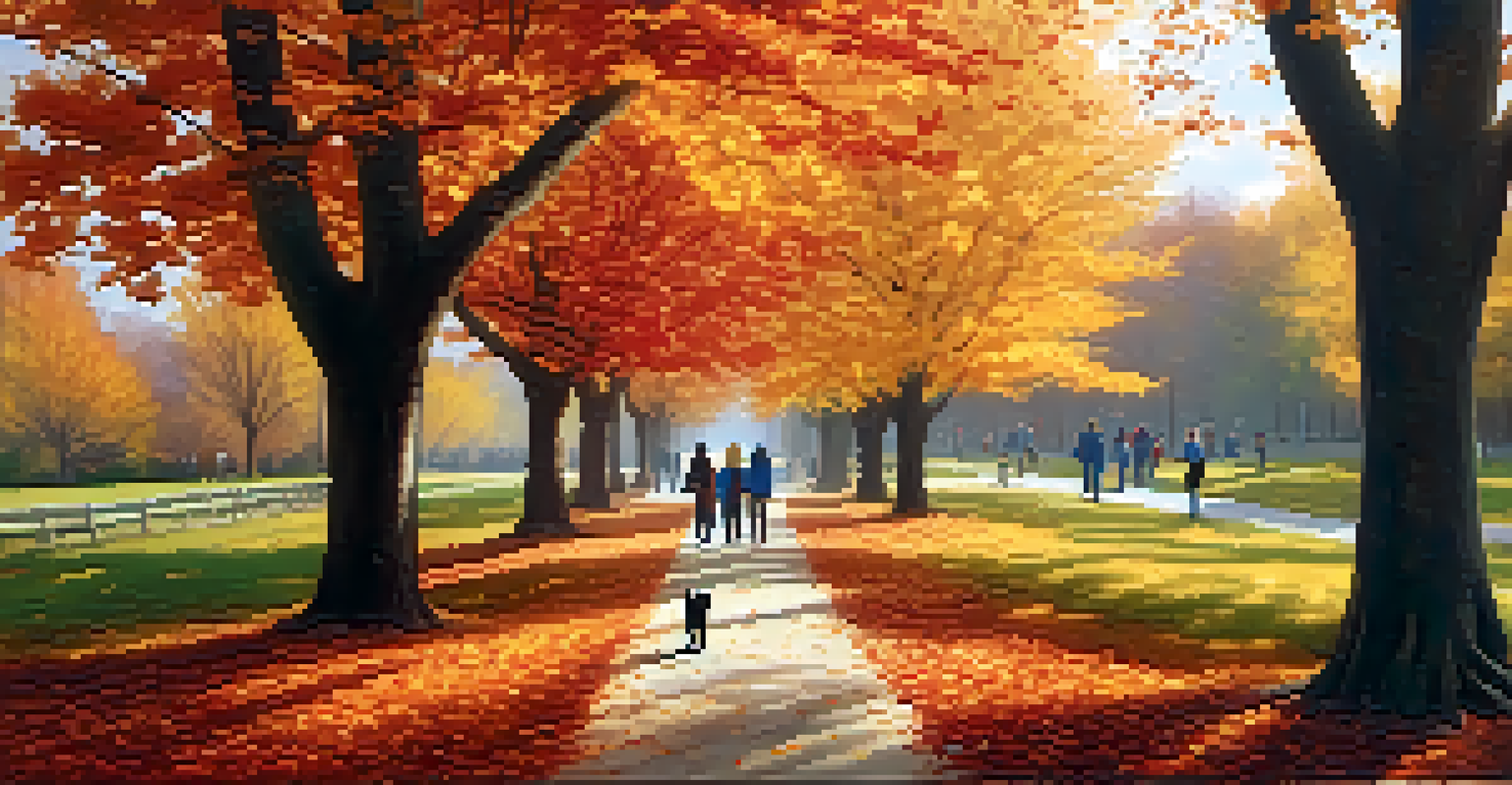 An autumn park scene with trees in vibrant fall colors and a couple walking along a pathway.