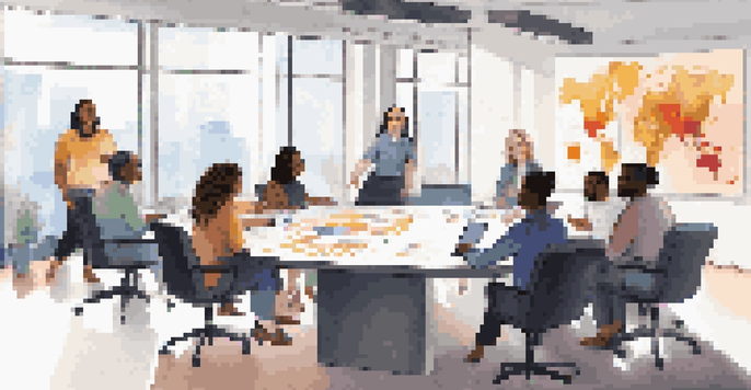 A diverse group of professionals in a modern meeting room, collaborating around a conference table with charts in the background.