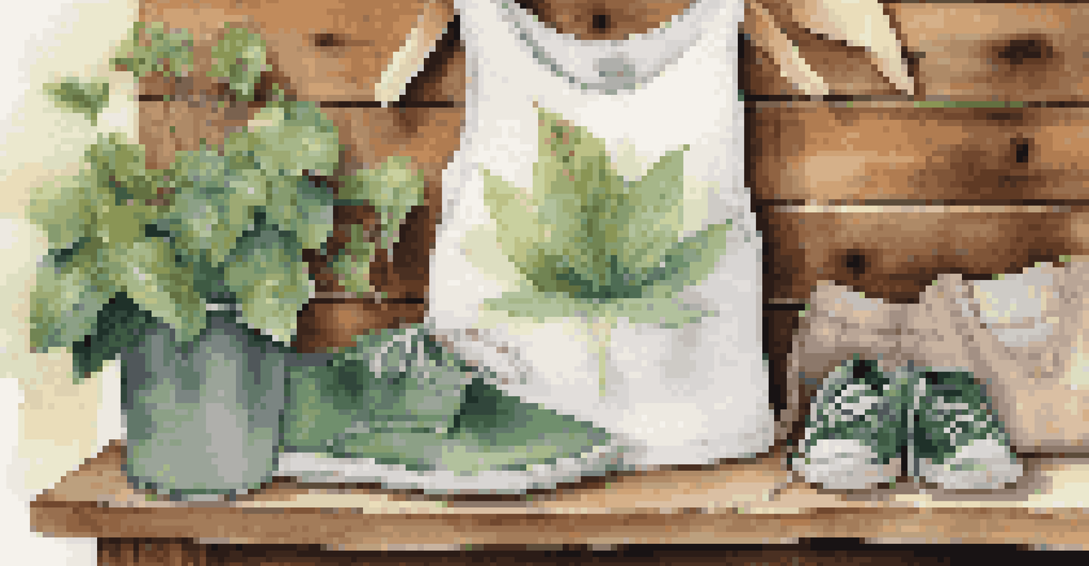 Close-up of eco-friendly fashion items on a rustic table, showcasing sustainable clothing and green plants.