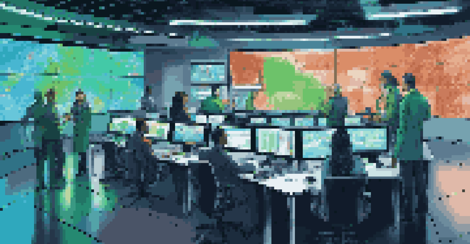 A diverse team of analysts in a futuristic control room collaborating on predictive analytics data displayed on large screens.