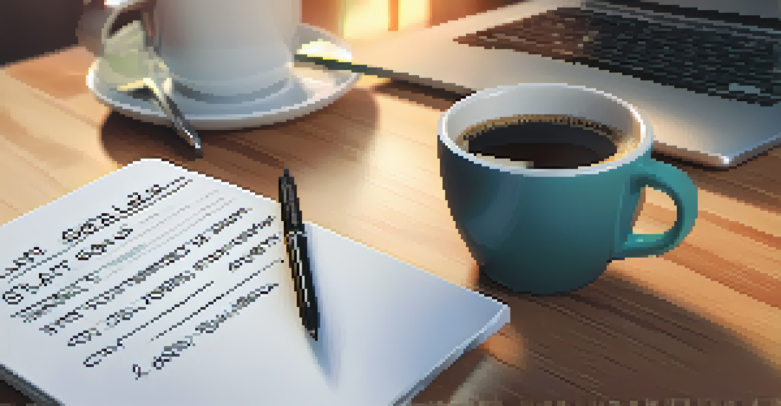 A close-up of a hand writing SMART goals on a notepad, with a laptop and coffee cup in the background.