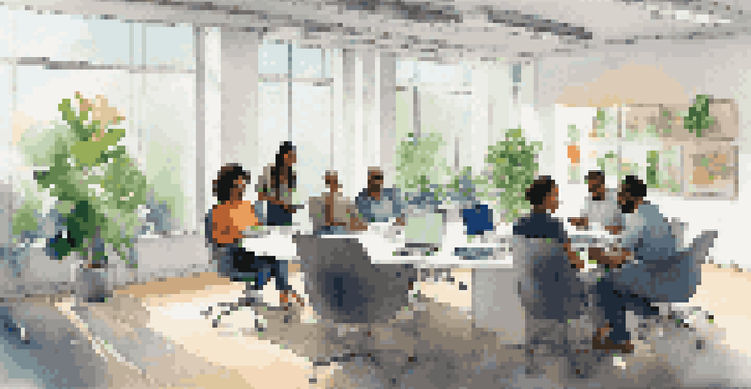 A diverse group of employees discussing digital ethics in a bright, modern office with natural light and plants.