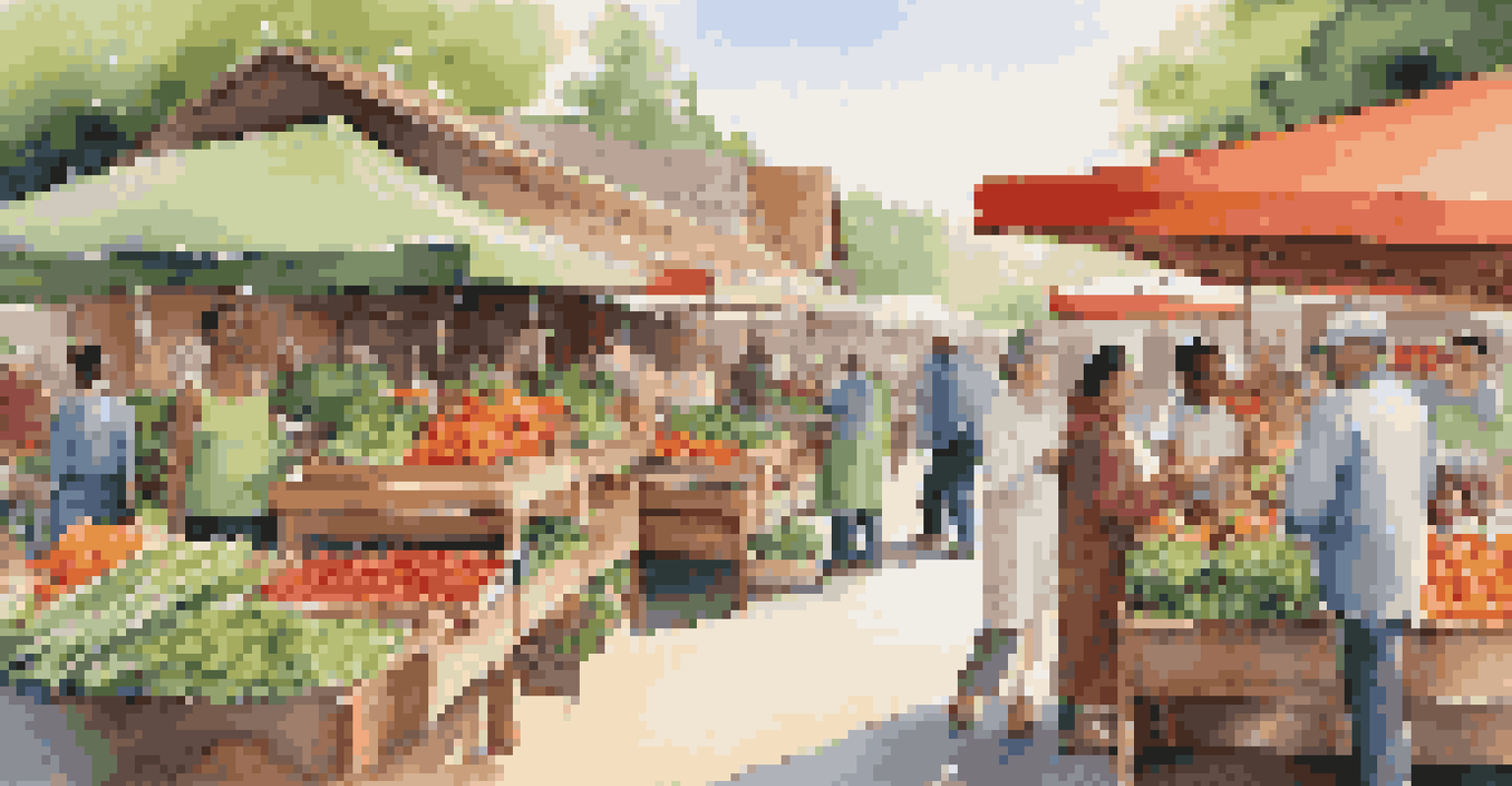 A bustling eco-friendly market with organic produce, diverse shoppers, and colorful wooden stalls.