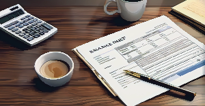 A detailed view of a balance sheet document on a desk with a calculator and coffee cup.