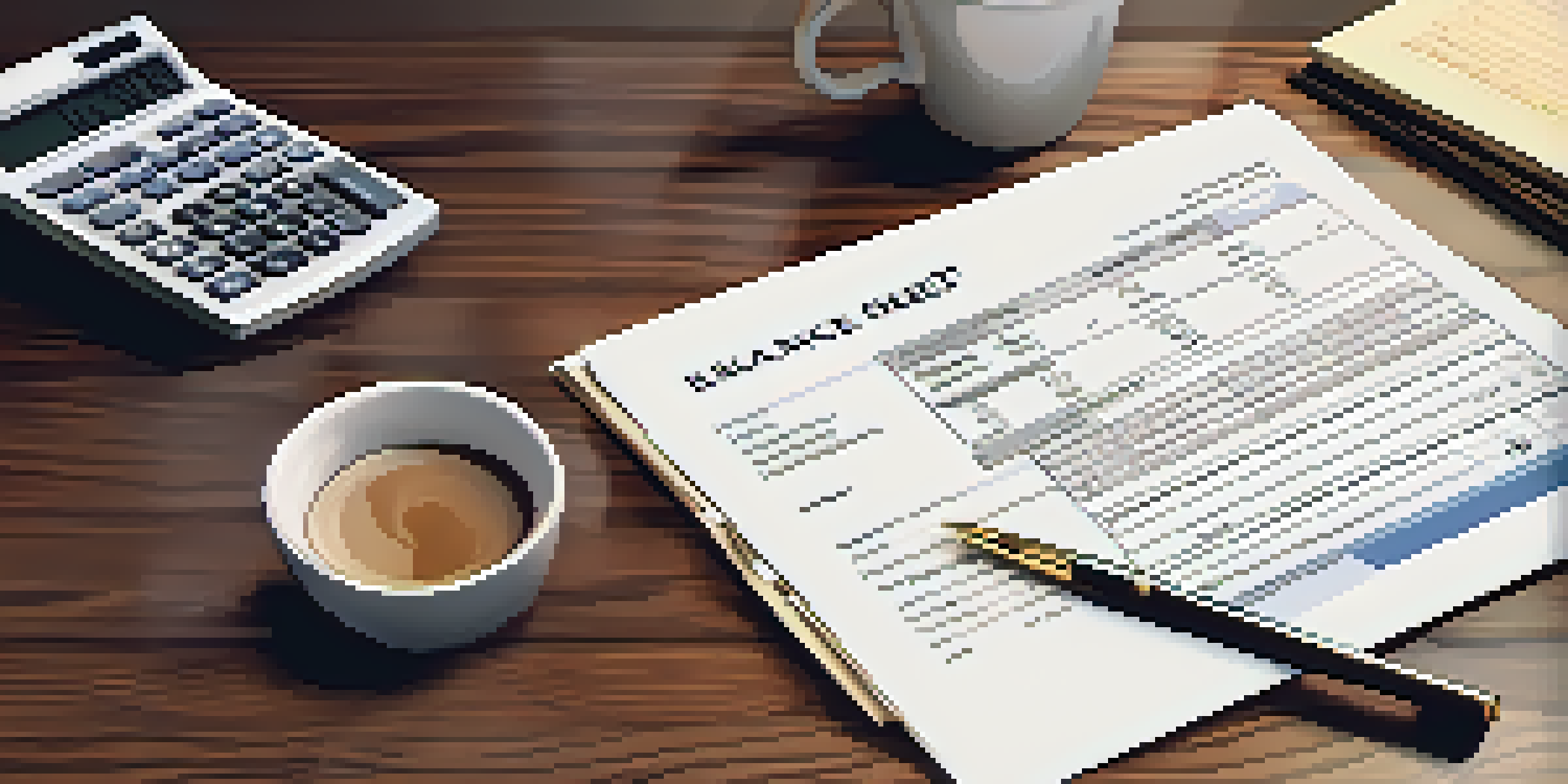 A detailed view of a balance sheet document on a desk with a calculator and coffee cup.