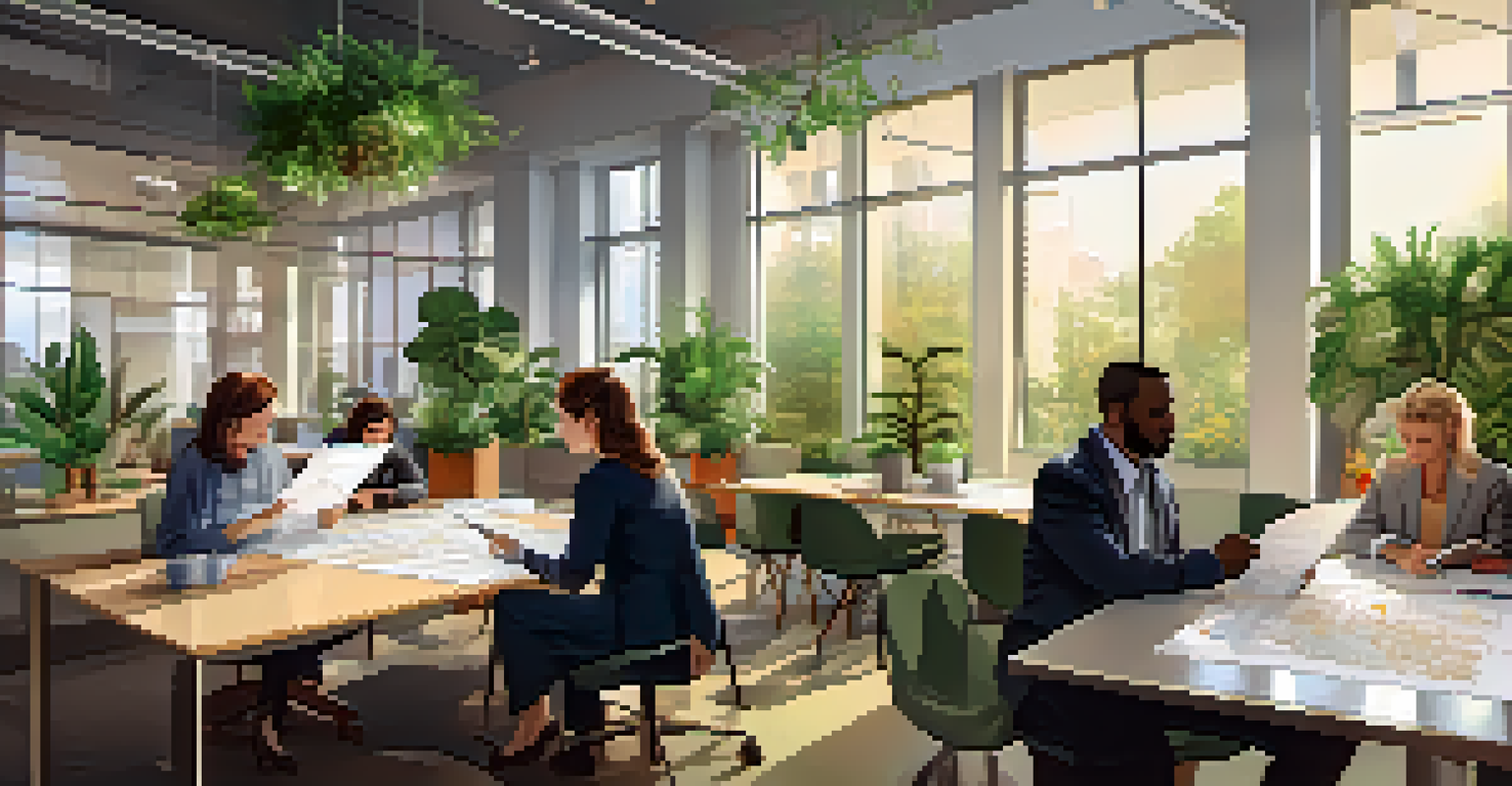 A diverse team of professionals discussing risk assessment charts around a table in an office, with plants in the background and warm lighting.