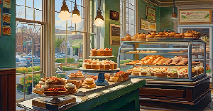A cozy bakery filled with colorful pastries and cakes, illuminated by sunlight.